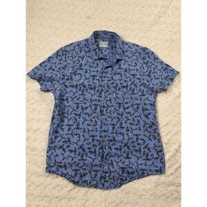 Tenth + Ocean Men's Leaf Print Linen Cotton Blue Button-Up Shirt M